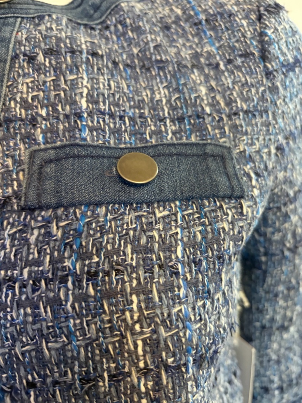 #645 ecru Mixed Media Textured Blue Tweed Collarless Jacket with denim trim - Picture 4 of 12